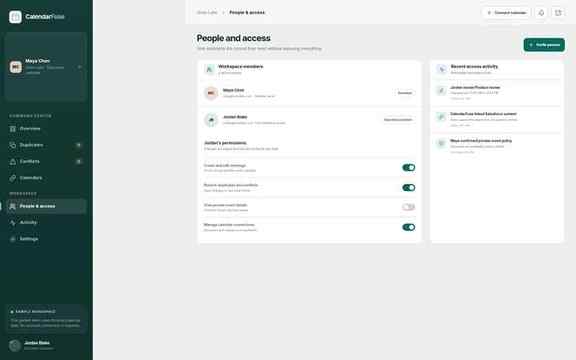 CalendarFuse assistant access screen with permissions and audit activity