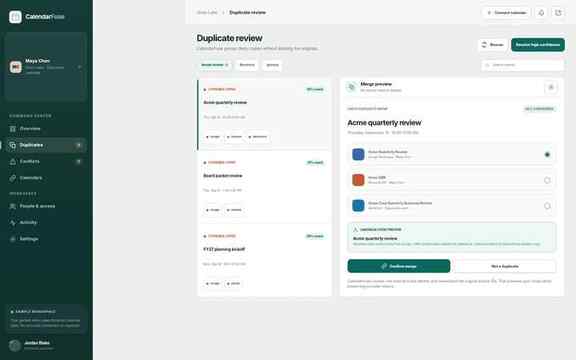 CalendarFuse duplicate review screen with source records and canonical event preview